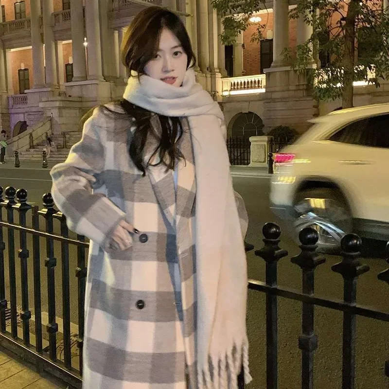 

Korean Plaid Woolen Coat for Women 2023 New Autumn and Winter Long Casual Temperament Herben-style Woolen Coat