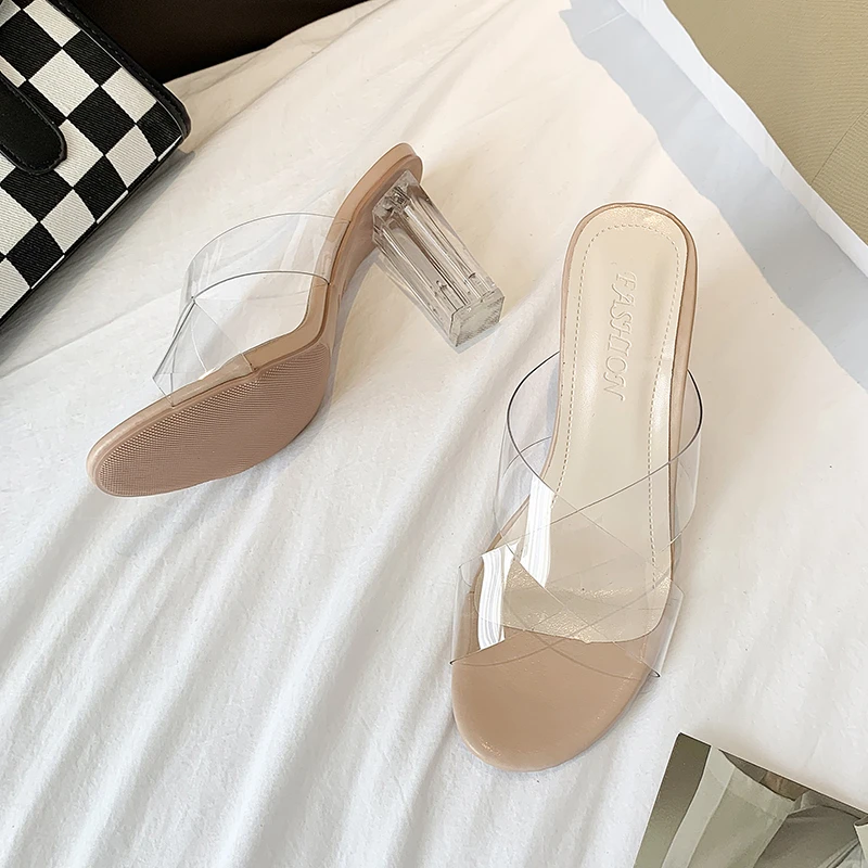 

Summer Women Pumps Sandals PVC Jelly Slippers Open Toe High Heels Women Transparent Perspex Slippers Shoes Heel Clear Sandals 42