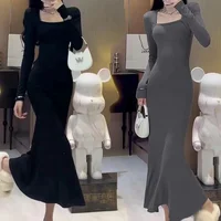 French Style Square Collar Long Sleeve Slim Fit Dress Women's High Waist Fish Tail Wrap around Long Skirt Autumn Season