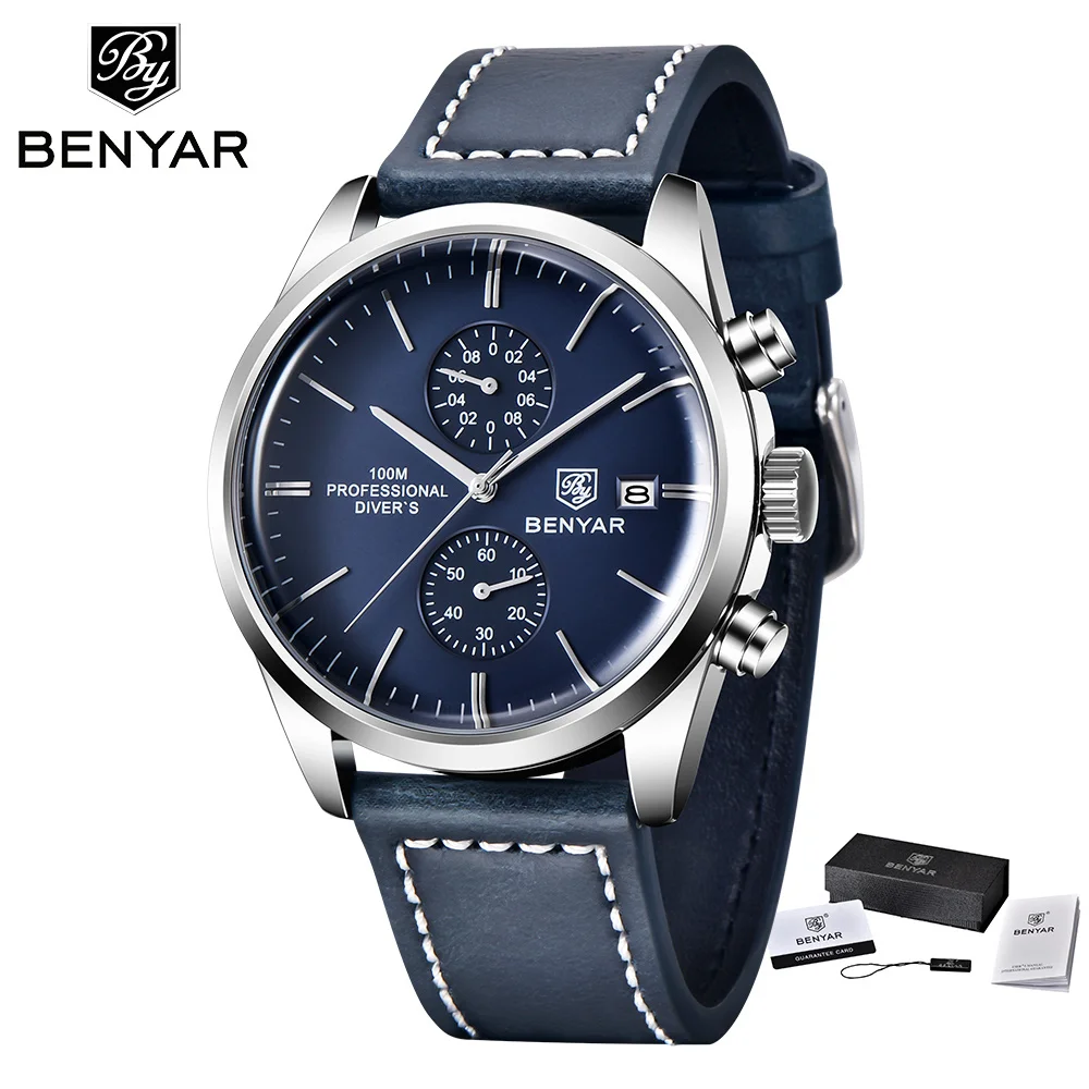 BENYAR New Leather Men Quartz Wristwatches Luxury Brand 100M Waterproof Men Watch Military Sports Chronograph Watch For Men