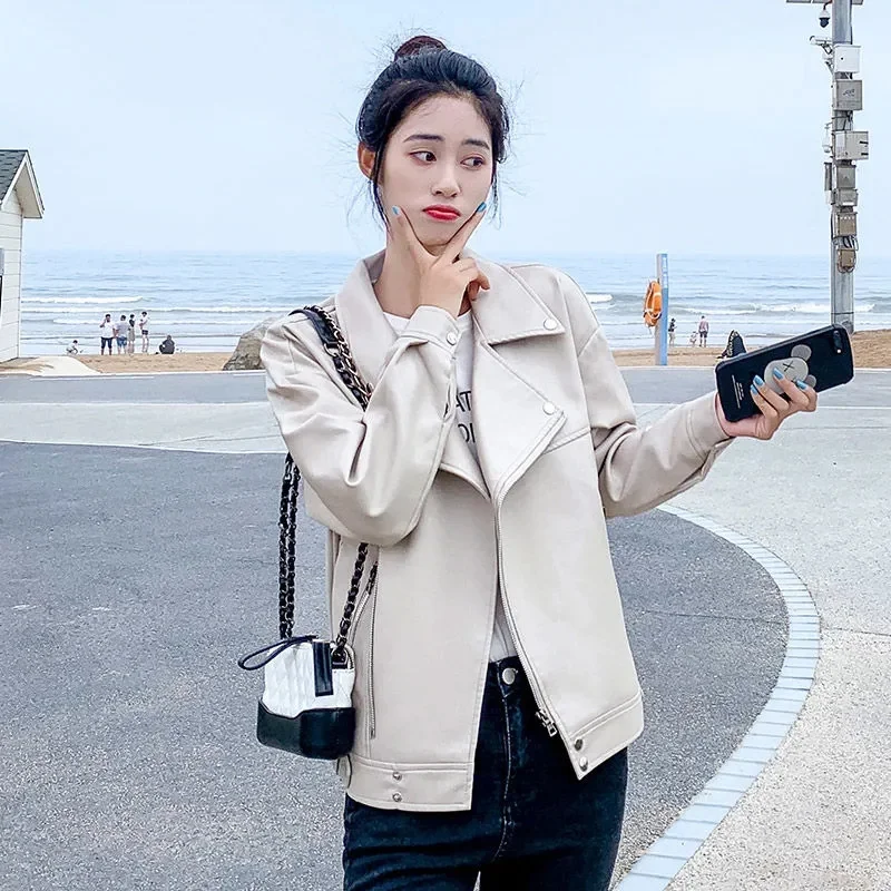 

Leather Coat Women's Spring Autumn 2023 Thin Short Off White Loose New Casual PU Motorcycle Style Outwear Solid Color Commuter