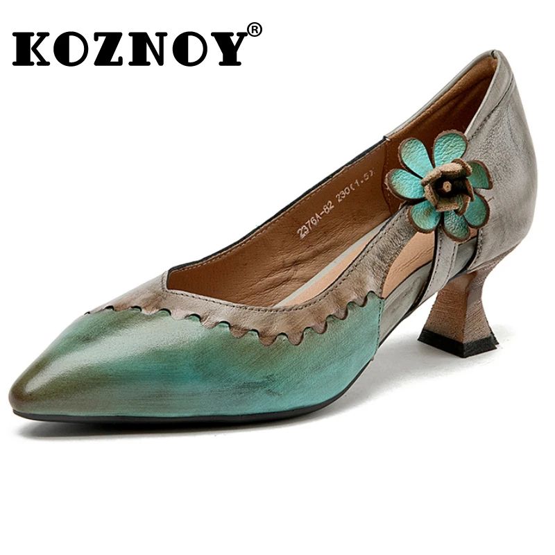 

Koznoy 5cm Genuine Leather Breathable Sandals Luxury Designer Pumps Summer Soft Sole Ladies Hollow Women Chunky Heels Shoes