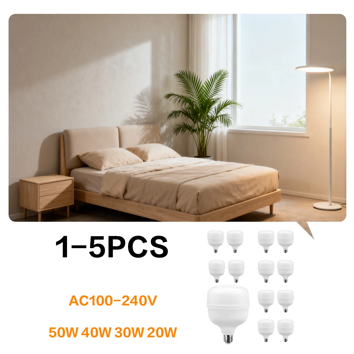 หลอดไฟ LED สว่างพิเศษ 1-5 ชิ้น 50W 40W 30W 20W ขั้ว E27 220V 110V สำหรับห้องนั่งเล่น แสงวอร์มไวท์/แสงโคลด์ไวท์ 1