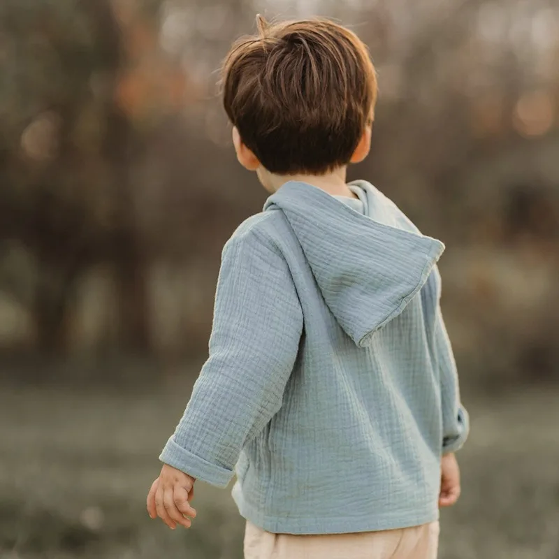 Cotton Double-Layer Gauze Thin Hoodies Casual Children's Spring New Loose Pockets Half Open Buttons Long-Sleeved Shirts