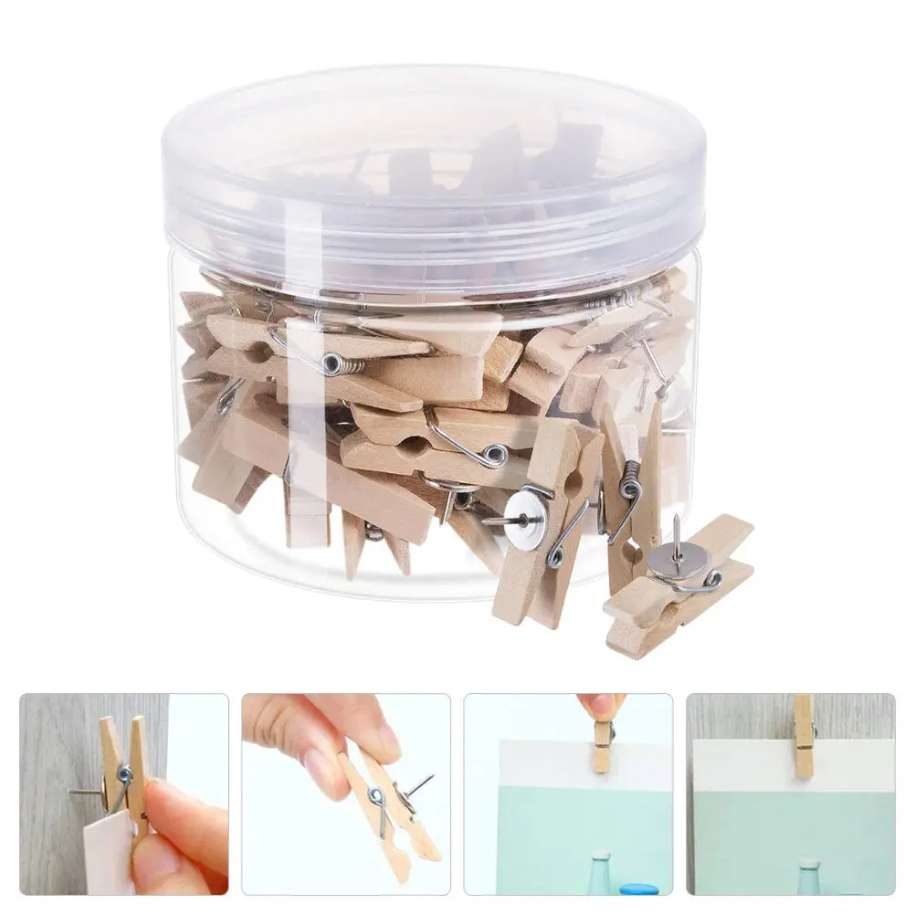 50Pcs 나무 압정핀 푸시 핀 클립 다목적 소형 사진 클립 가정 사무실용 경량 재사용 가능한 노트 보드 클램프