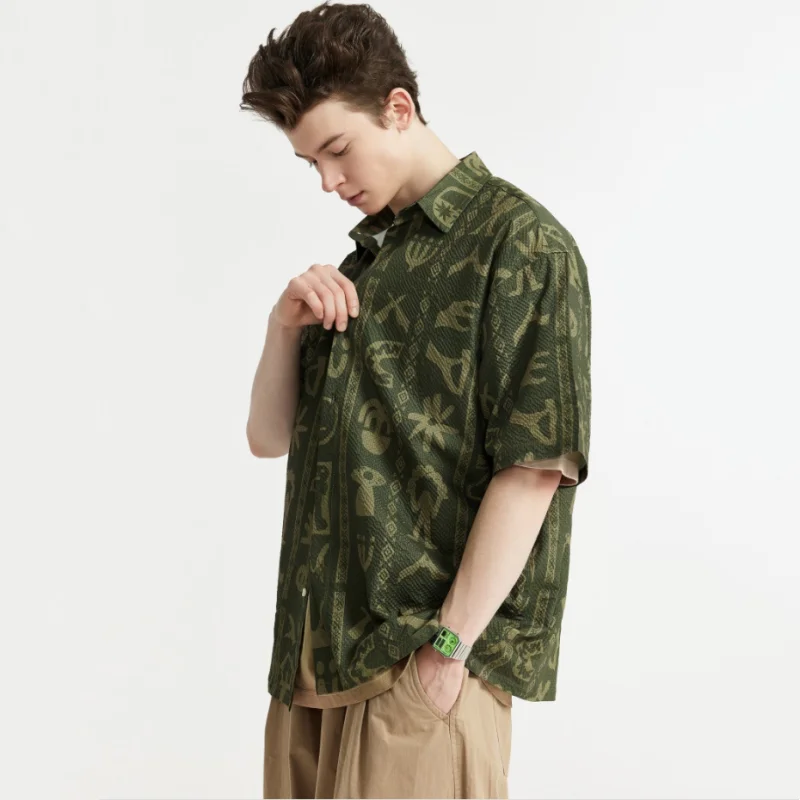 

2024 Summer New Arrival Men Weird Tribe Seersucker Casual Shirts Y2K High Street Short Sleeve Loose Tops camisetas футболка