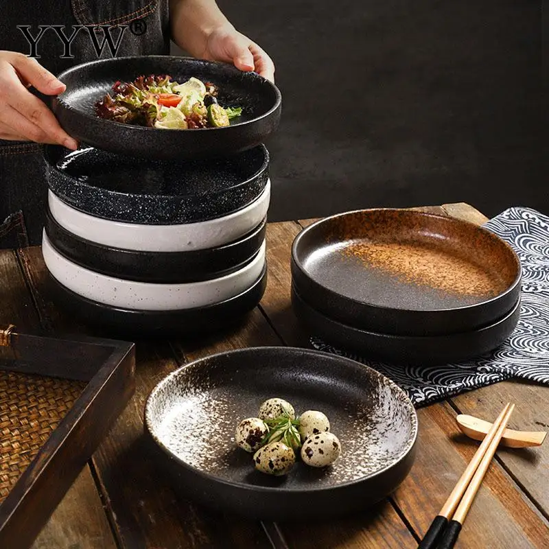 

Creative Thicken Black Ceramic Dinner Plate Western Round Crockery Salad Sushi Lunch Steak Dish Tray Home Restaurant Tablewares