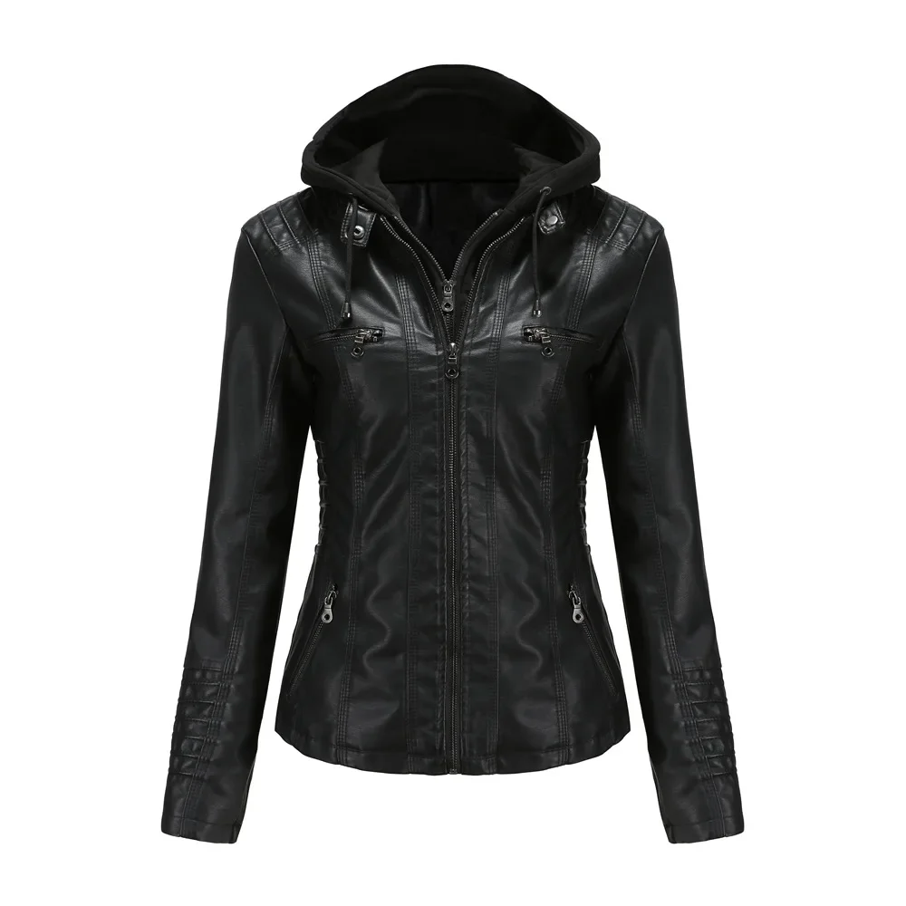 high quality leather jacket for women long sleeve big size detachable hooded new 2023 autumn elegant clothing black brown