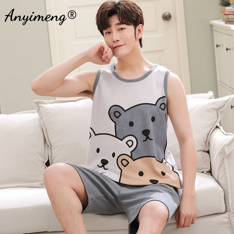 cotton pyjama set Summer New Men's Fashion Plus Size Pyjamas Set Cotton Sleeveless Short Pant Homesuit Mens Casual Pajamas Cartoon Print Sleepwear mens sleep wear Pajama Sets