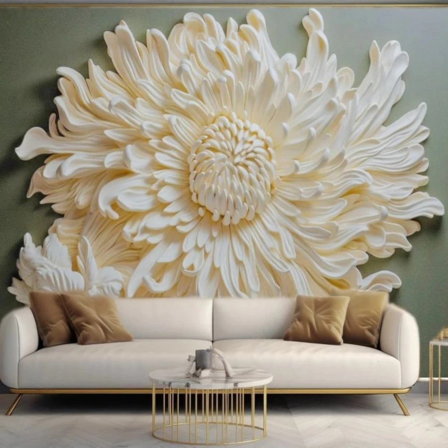 

Modern Wallpaper 3D Embossed Chrysanthemum Flowers Green Photo Mural Paper Bedroom Living Room Decoration Wall Hanging Paintings