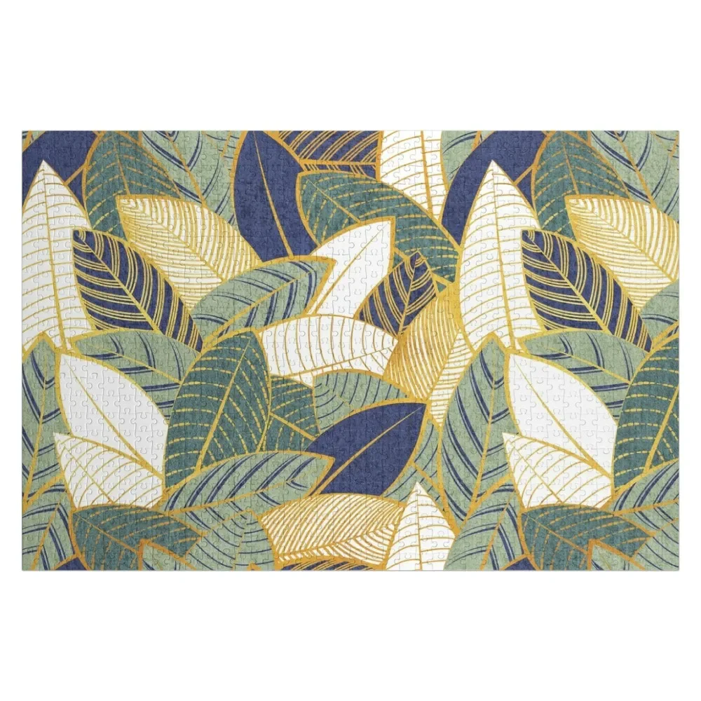 

Leaf wall // navy blue pine and sage green leaves golden lines Jigsaw Puzzle Adult Wooden Puzze Personalized Name Puzzle