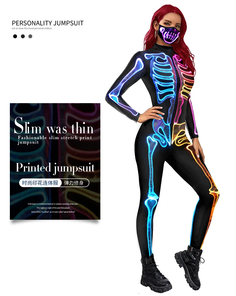 Adult Fluorescent Skeleton Print Halloween Cosplay Bodysuit for Women Ghost Jumpsuit Party Carnival Performance Scary Costume