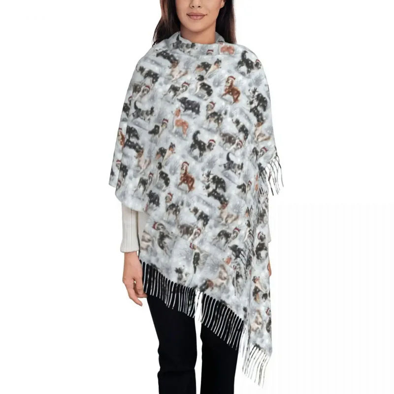

Ladies Long Cute Christmas Border Collie Dog Scarves Women Winter Thick Warm Tassel Shawl Wrap Pet Animal Scarf