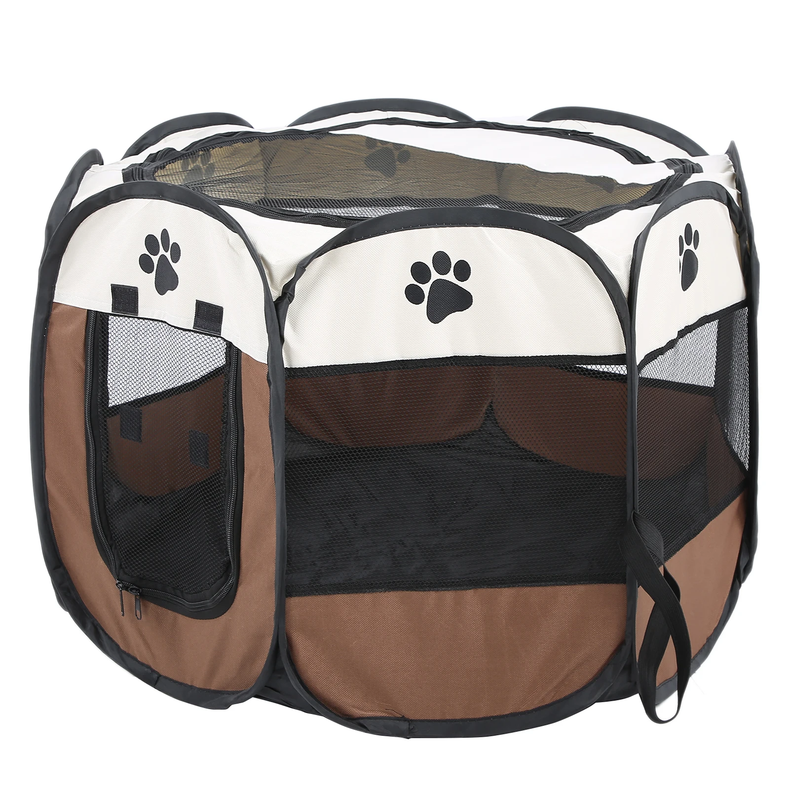 Pet Cat Dog Portable Foldable Cage Exercise & Play Tent Mesh Cover Indoor/Outdoor Use Coffee