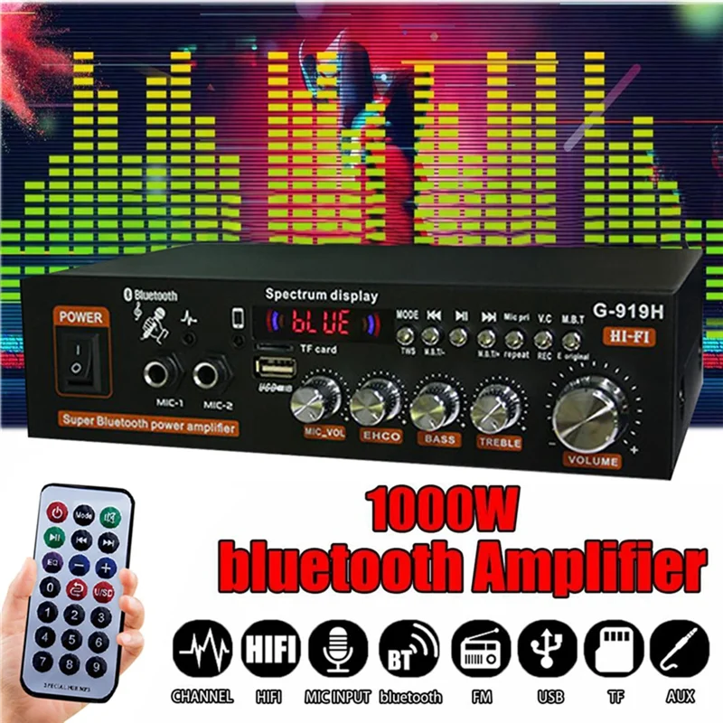 홈 파워 앰프 HIFI 블루투스 5.0 오디오 앰프, 서브우퍼 스피커, USB 앰프-EU 플러그, 1000W, G919H