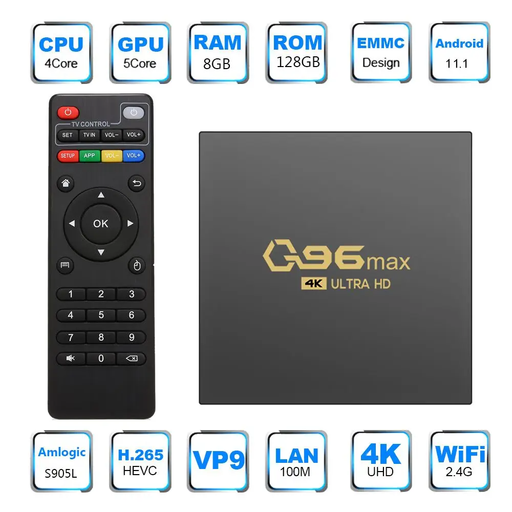 

Q96 MAX Smart TV Box Android 11 Amlogic S905L Quad Core 2.4G WIFI 4K Set Top Box 8GB+128GB Media Player H.265 Home Theater