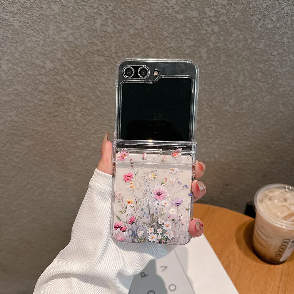 Floral Painted Transparent Shockproof Folding Case with Bracelet