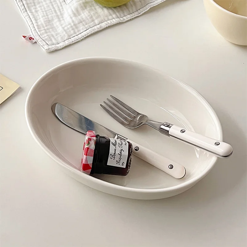 Korean Simple Oval Plate Ceramic Fruit Salad Plate White Spaghetti Solid Colour Breakfast Deep Dish Tableware 22cm