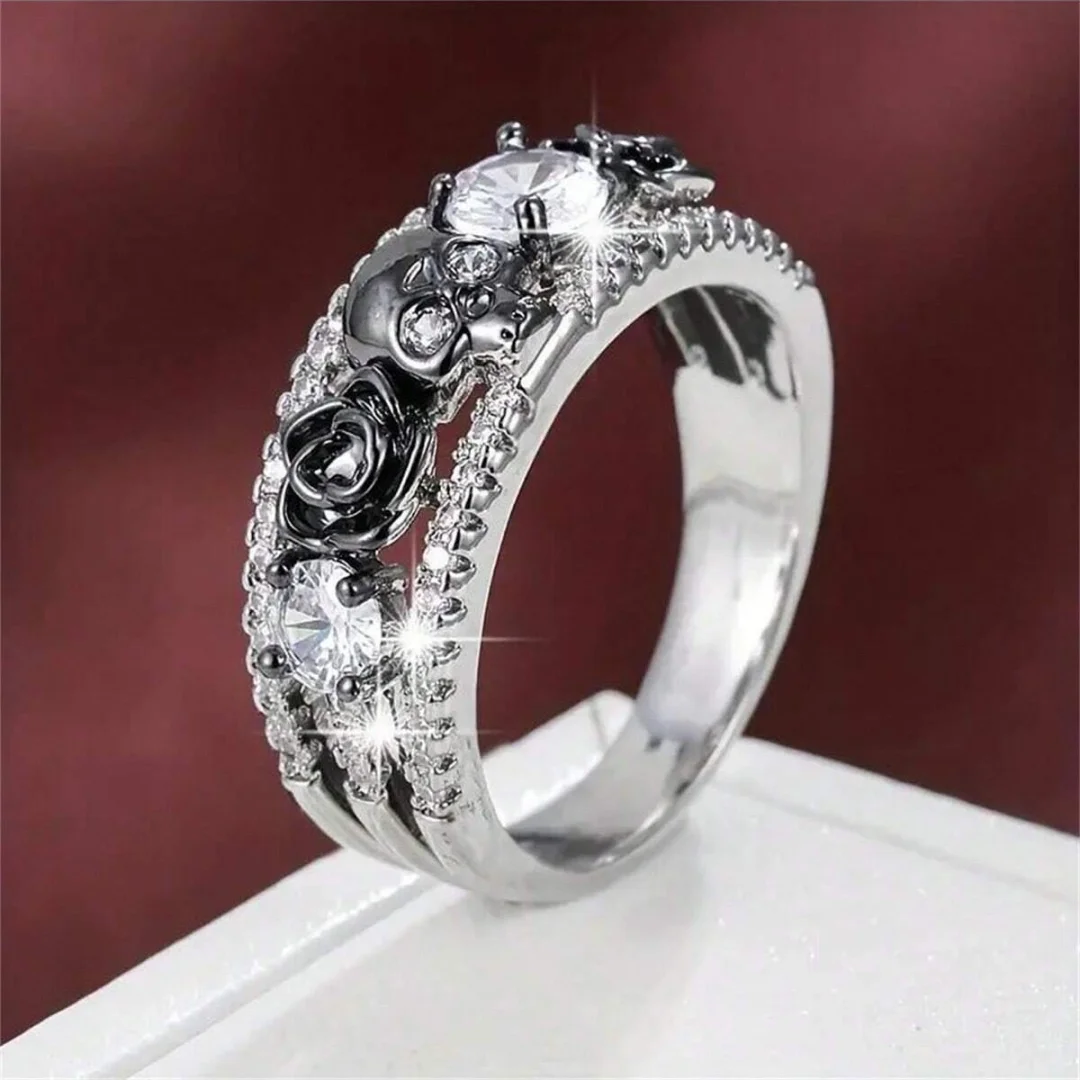 Punk Gun Black Color Women's Zircon Rings Gothic Hollow Rose