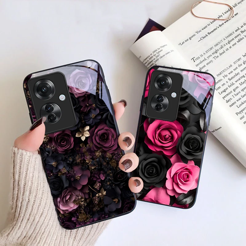 Chic Black Pink Rose Glass Phone Case