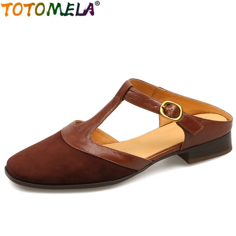 

TOTOMELA 2024 New Kid Suede Leather Buckle Summer Shoes Square Low Heels Mules Slippers Vintage Ladies Outside Daily Slippers