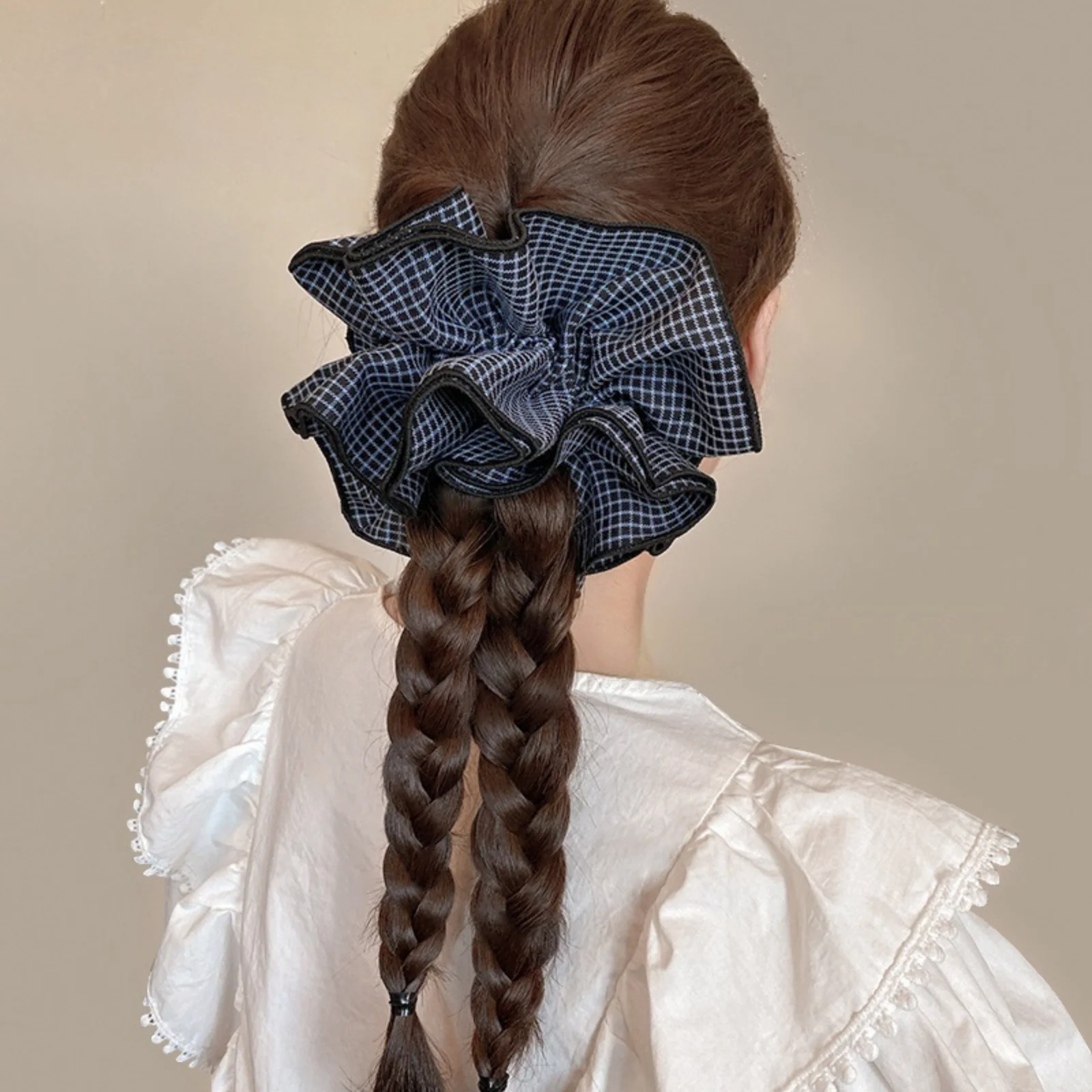 1PC Blue Plaid Large Scrunchie, Fashionable Hair Accessory for Women, Cute Hair Tie for Daily Wear