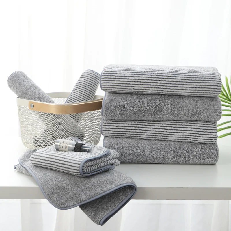 

Antibacterial Coral Fleece Bamboo Charcoal Fiber Bath Towel Thick Three-piece Set Striped Beach Towel Fitness Towel Absorbent