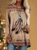 Indian Style Feather Print Women's Long Sleeve Top Retro Ethnic Style Women's Long Sleeve T-shirt Everyday Casual Elegant T-shir