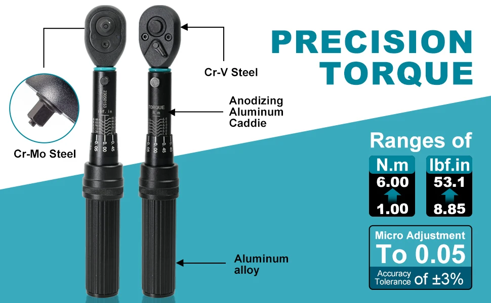 Description Picture 5 of itemLIBRATON Bike Torque Wrench 1/4'' 1-6Nm, 0.05 Nm Micro, Drive Click Torque Wrench Set, Hex, Torx/Star Bit Sockets, Extension Bar