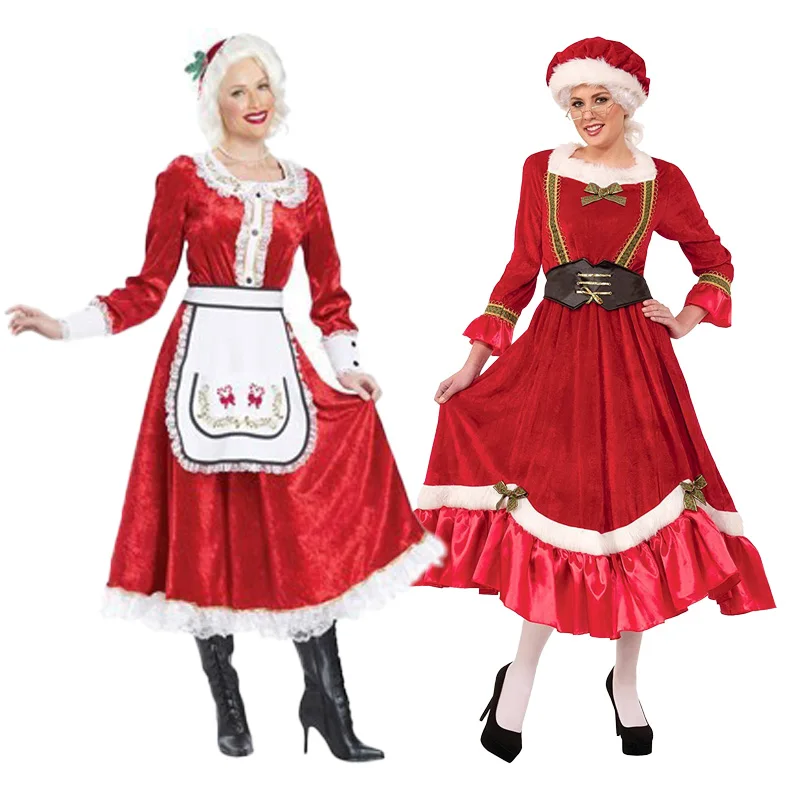 

Santa Claus Halloween Costumes Cosplay Carnival Adult Women New Year Red Clothes+Hat S-XXL Apron Maid Christmas Red Dress