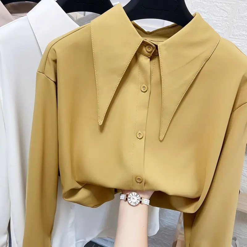 French Large Pointed Collar Chiffon Blouse Women's Spring Autumn Loose ...
