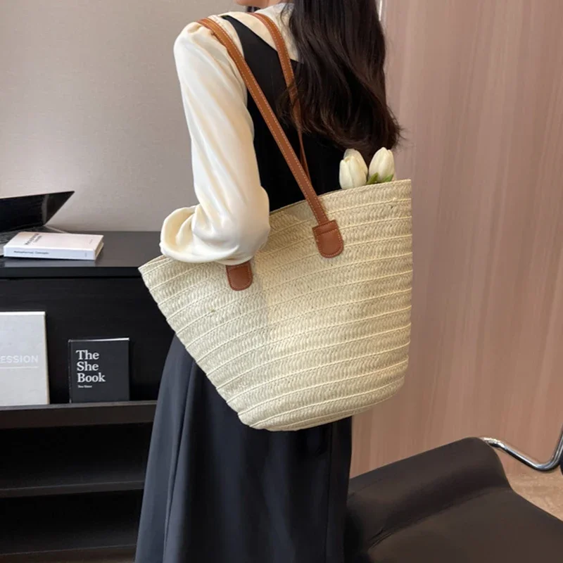 Sac Bandoulière Femme Bohème En Paille – Petit Fourre-tout Plage, Beige, Neuf