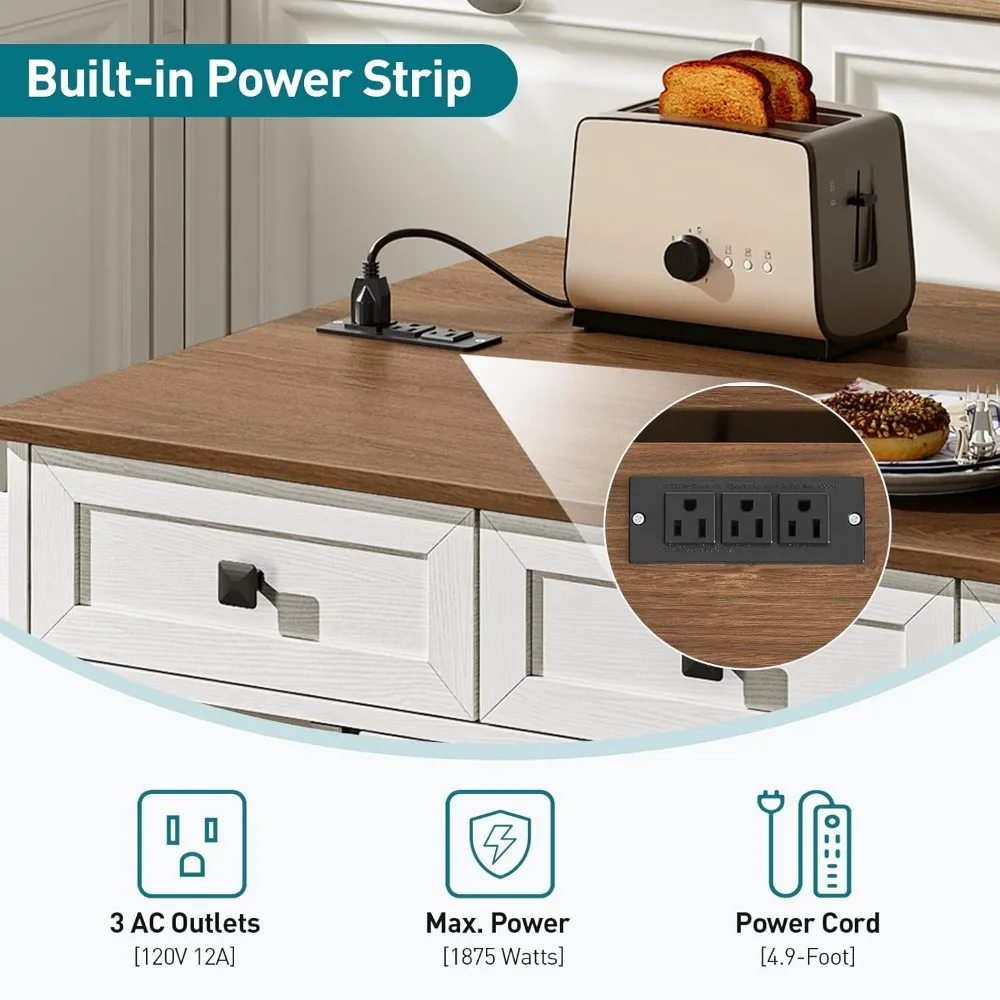 Kitchen Island with Drop Leaf, Kitchen Cart with Charging Station,Kitchen Table with Storage,Rolling Island Table with 3 Drawers 5