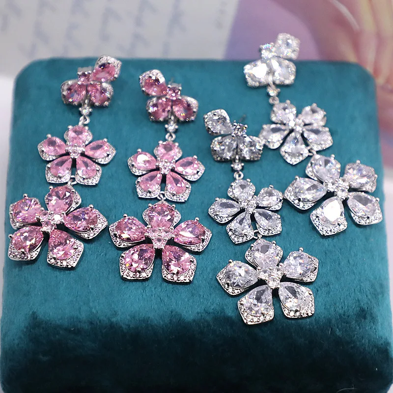 Flower Drop Earrings with Micro Pave Zircon Crystals