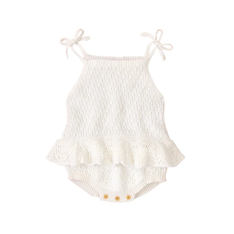 100% Cotton Knit Baby Romper 0-2 Years Bowknot Ruffled Sling Jumpsuit for Infant Girls Snap Button Diaper Change Design Romper