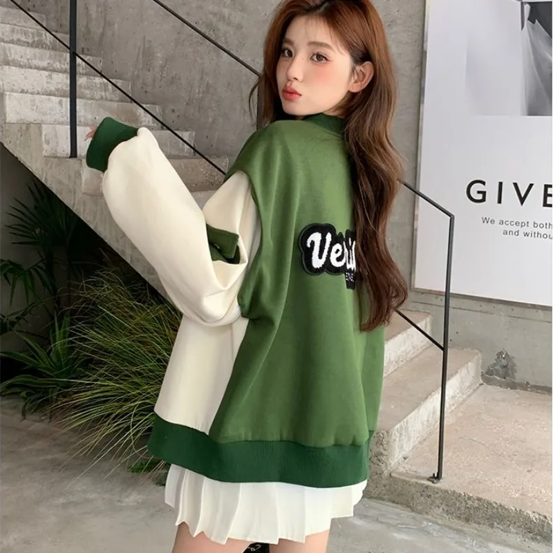 2024 New Color Blocking Patchwork Baseball Jacket for Women's Spring Autumn High-end Overcoat Student Slimming Loose Outwear