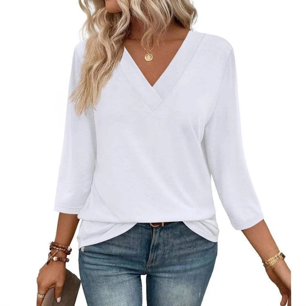 Women Long Sleeve V Neck Solid Color Loose Fit T Shirt