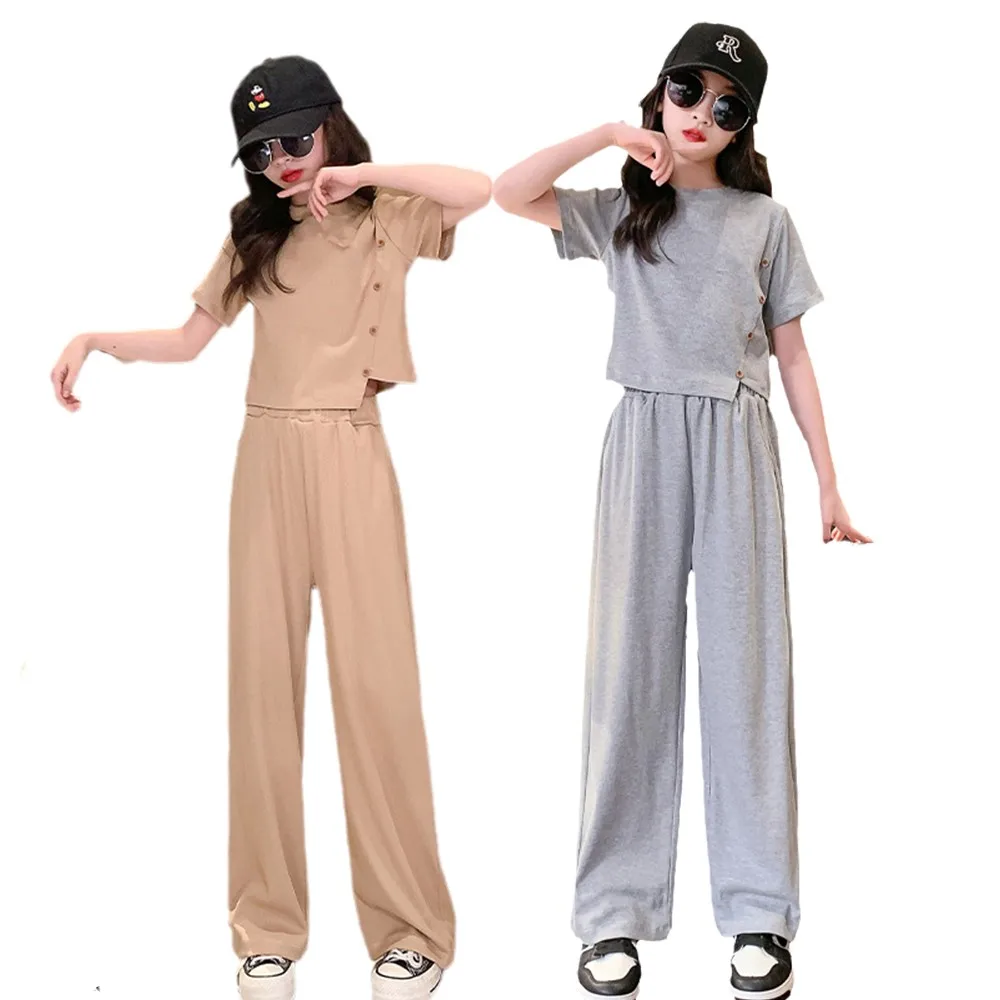 

2023 Summer New Teenager Girls Casual Clothes Suit Children Two Pieces Solid T Shirt Wide Leg Sweatpant Kid Tracksuit Set Outfit