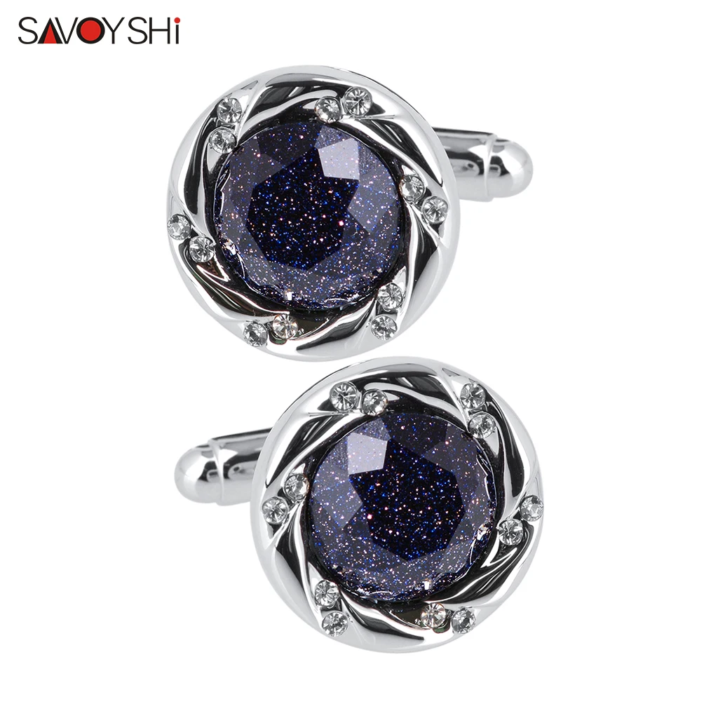 

SAVOYSHI Fashion Blue Starry Sky Stone Cufflinks For Mens High Quality Brand Crystals Jewelry Wedding Gift Free Engraving Name