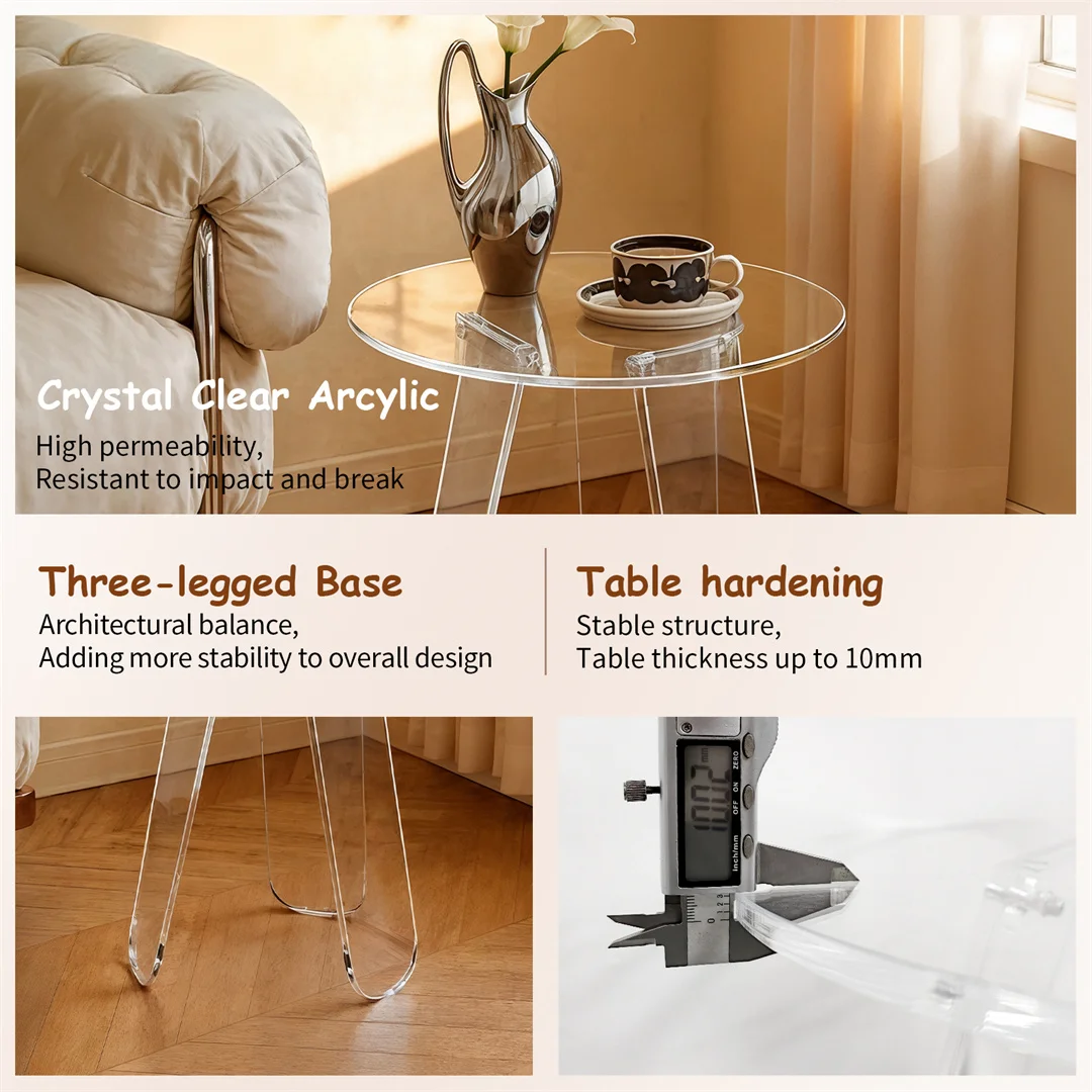 ARTLOGE Acrylic End Table,18” Round Clear Acrylic Side Table with PVC Cover Triangle Legs for Living Room Bedroom