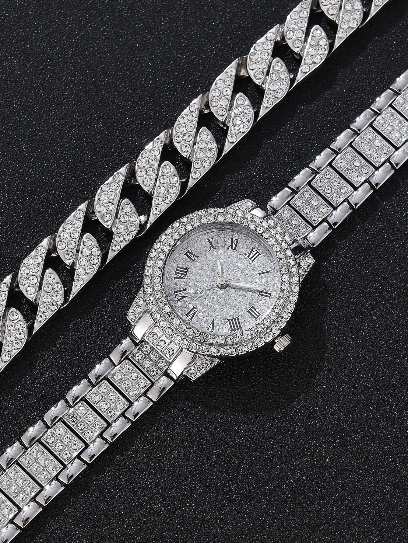 2PCS Silver Round Quartz Watch Women Luxury Silver Stainless Steel Gift Watch + Jewelry Set 3