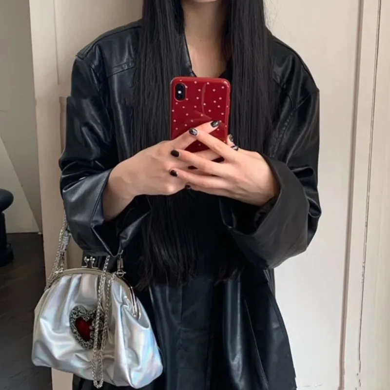 JIAERDI Retro Laser Heart Niche Design Handbag Women Chain Pleated Petite Shoulder Bag Ladies Y2k Aesthetics Crossbody Bag Purse