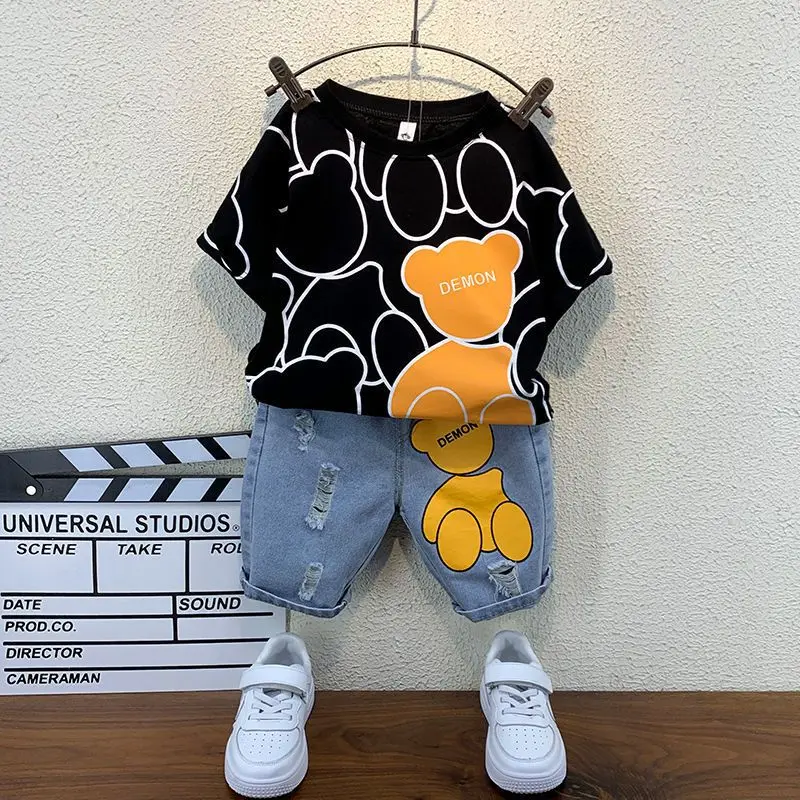 

2023 Summer Baby Boys' Sets Short Sleeve Top Denim Pants Loose Two Pieces Cartoon Bear Printing Korean Fashion 3-10 Years Old