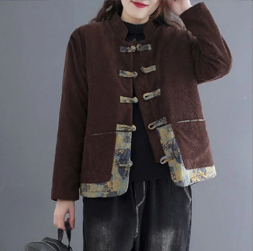 Winter Chinese Classical Women Corduroy Cotton Coat Plush Thick Jacket Ladies Casual Long Sleeve Keep Warm Jackets