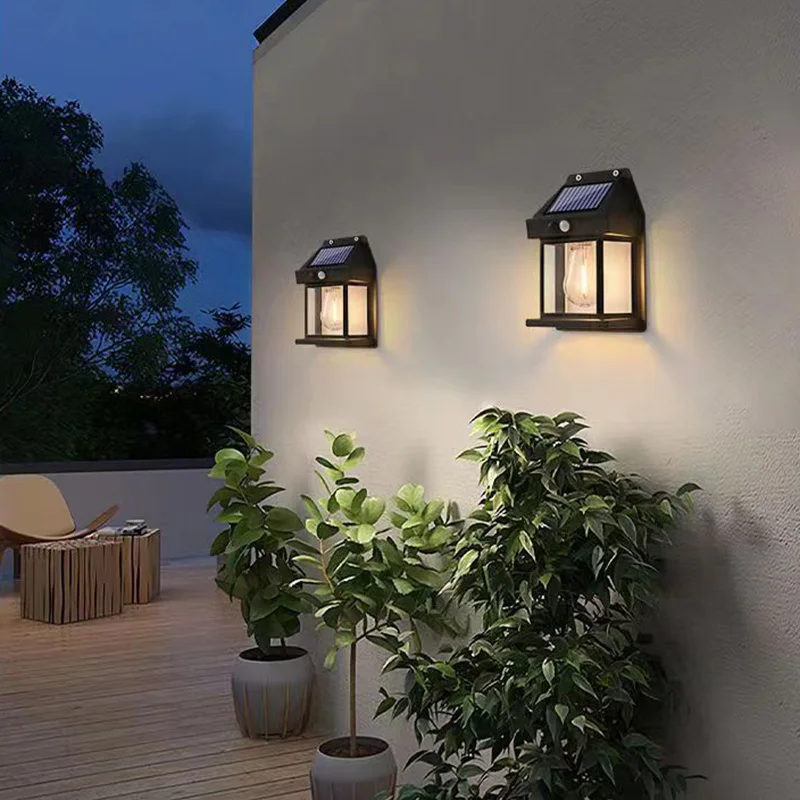 LED Solar Wall Tungsten Lamp Outdoor Waterproof Wireless Motion Sensor Security Light Lantern Night Lamp For Courtyard Garage