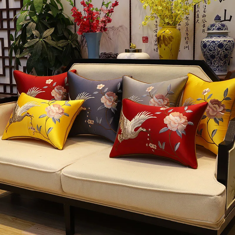 

New Chinese Style Jacquard Cushion Cover Red Crowned Cranes and Flowers Embroidery Decorative Pillows Home Bed Sofa Pillowcase