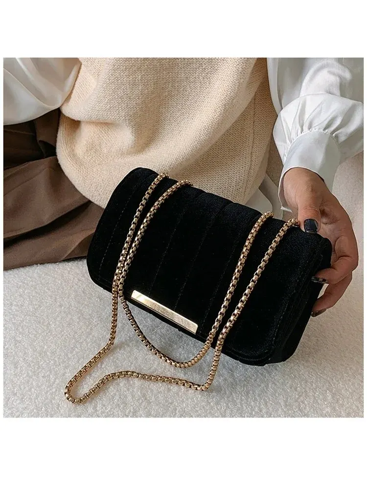 Gold Velvet Fabric Embroidered Small Square Bag With Single Shoulder Chain Bag Women s Crossbody Bag