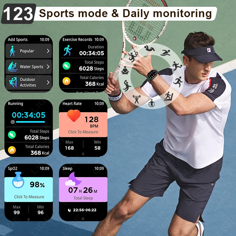 LIGE 2.01'' Smart Watch Men Women Heart Rate Health Monitor Sports Fitness Bluetooth Call IP68 Waterproof Alarm Clock Smartwatch