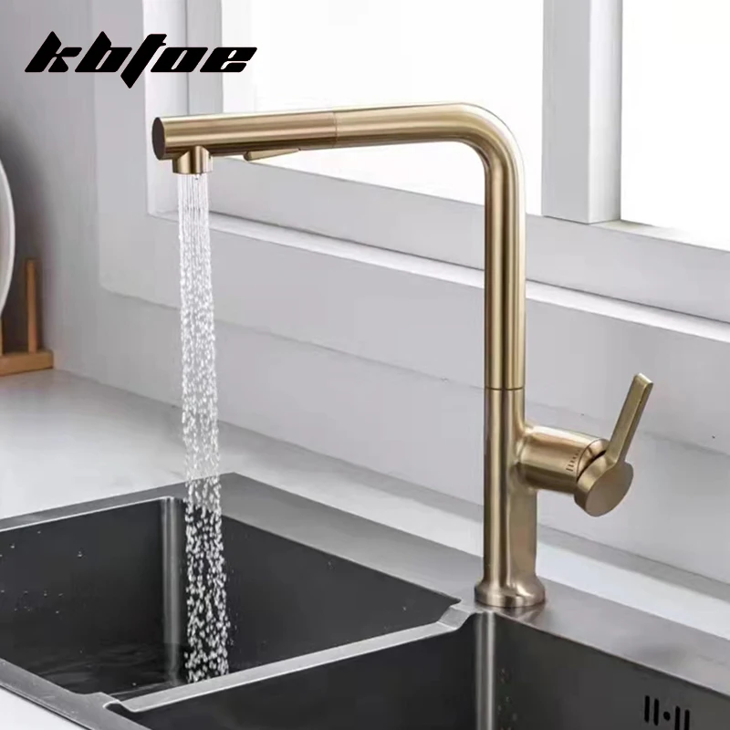 

Brushed Gold/Gun Grey Pull Out Kitchen Faucet 360 Rotation Deck Mounted Stream Sprayer Sink Mixer Tap Hot and Cold Water Crane