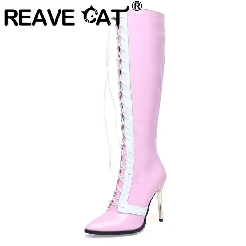 

REAVE CAT Women Knee High Boots Pointed Toe Thin Heels 11cm Zipper Lace-up Splice Large Size 34-46 Mix Color Sweet Dating S4225